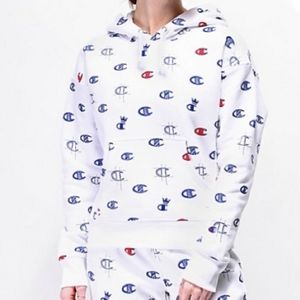 Champion‎ Reverse Weave All Over C Logo White Hoodie Sweatshirt Large